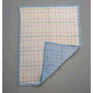 Vintage Baby Blanket Pastel Plaid Acrylic Plush Soft Blue Trim 80s 90s Kidcore